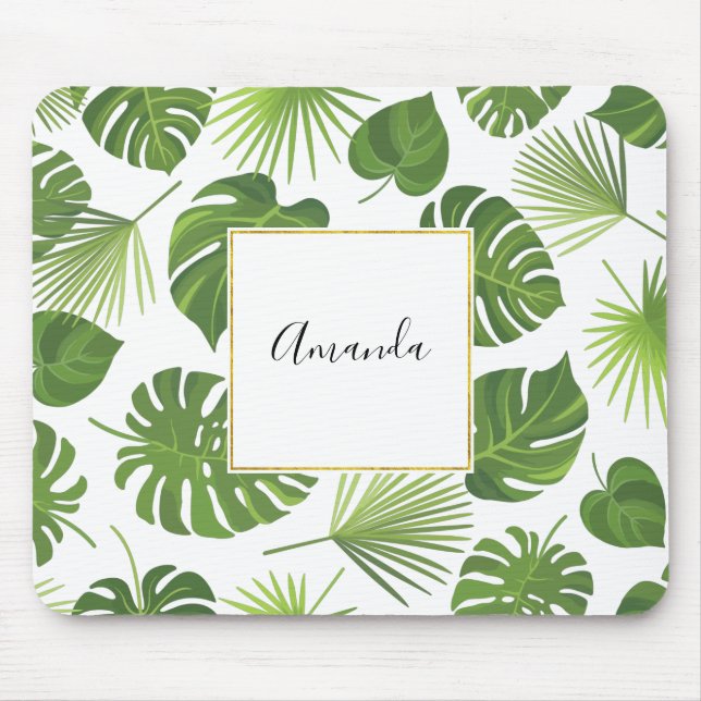 Stylish Green Tropical Leaves Pattern Mouse Mat (Front)