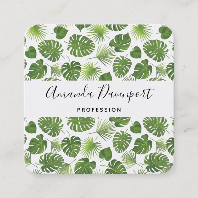 Stylish Green Tropical Leaves Pattern Square Business Card (Front)