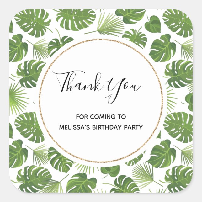 Stylish Green Tropical Leaves Pattern Thank You Square Sticker (Front)