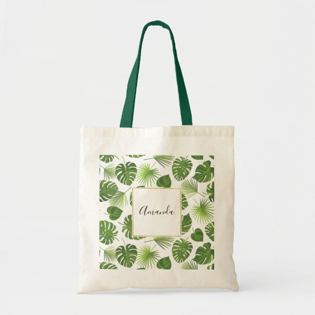 Stylish Green Tropical Leaves Pattern Tote Bag (Front)