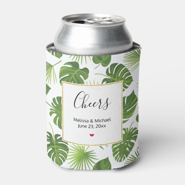 Stylish Green Tropical Leaves Pattern Wedding Can Cooler (Can Front)