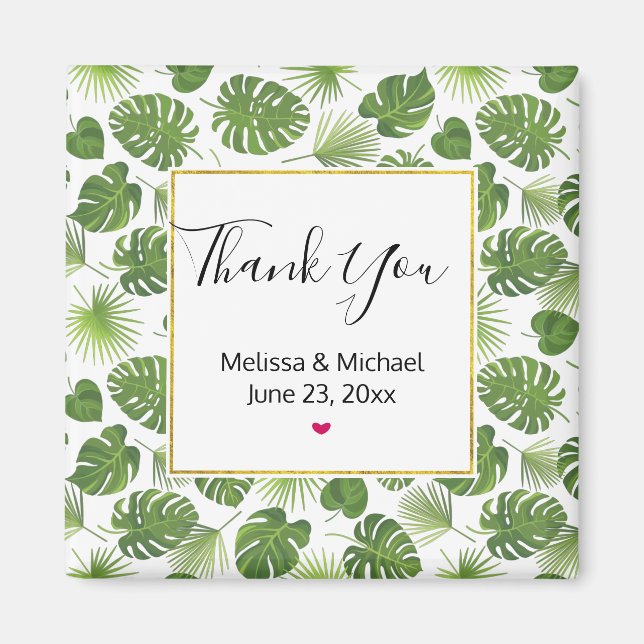 Stylish Green Tropical Leaves Pattern Wedding Magnet (Front)