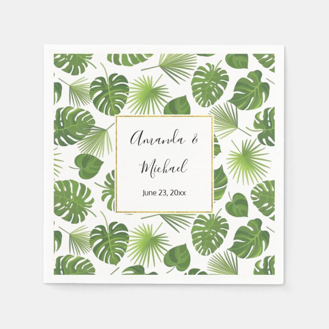 Stylish Green Tropical Leaves Pattern Wedding Napkin (Front)