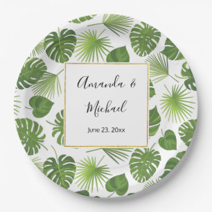 Stylish Green Tropical Leaves Pattern Wedding Paper Plate
