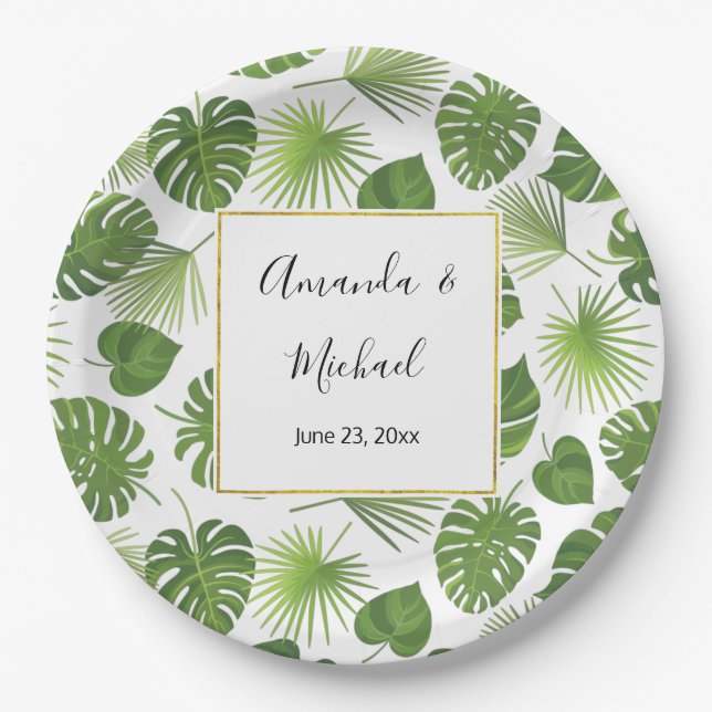 Stylish Green Tropical Leaves Pattern Wedding Paper Plate (Front)