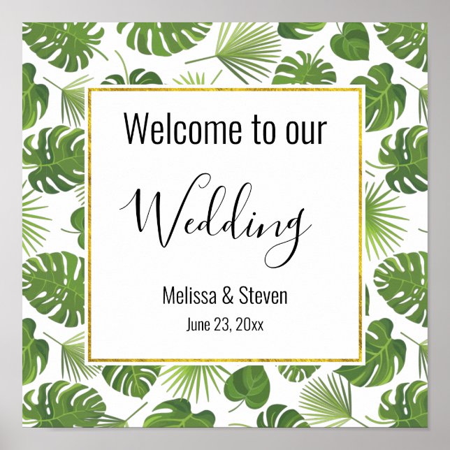 Stylish Green Tropical Leaves Pattern Wedding Poster (Front)