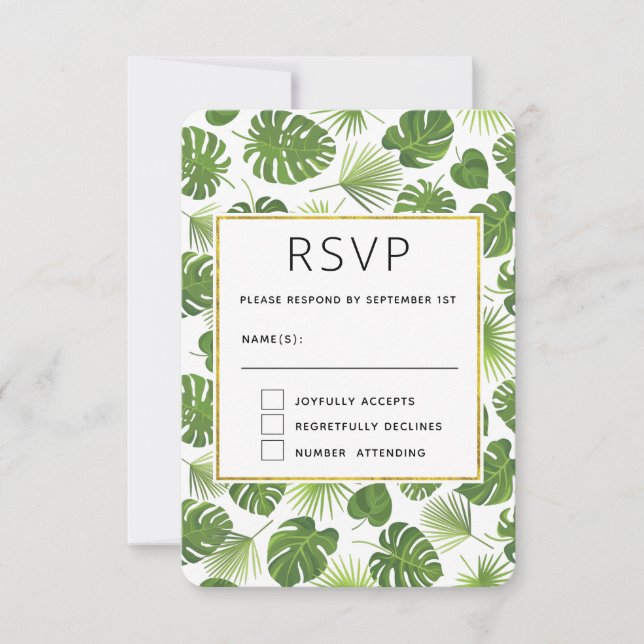 Stylish Green Tropical Leaves Pattern Wedding RSVP Card (Front)