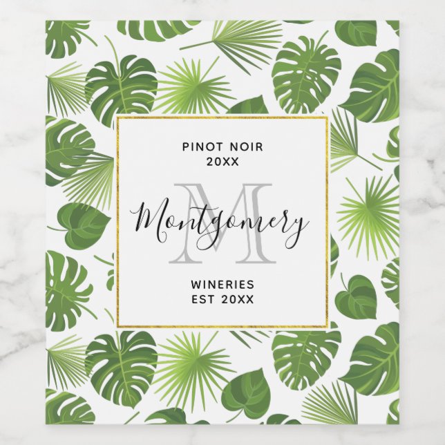 Stylish Green Tropical Leaves Pattern Wine Making Wine Label (Single Label)