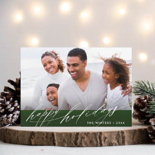 Stylish Green & White Script Christmas Photo Holiday Card