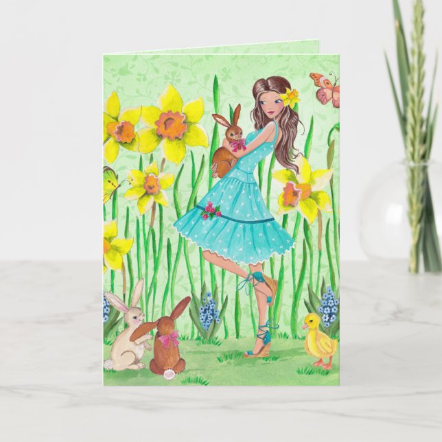 Stylish Green & Yellow Easter Floral Girl Holiday Card (Front)