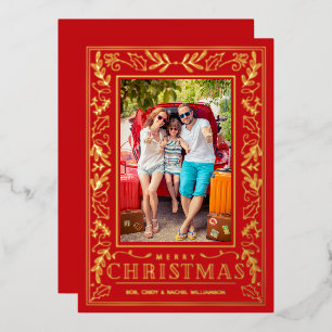 Stylish Greenery Christmas Photo Gold Foil Holiday Card