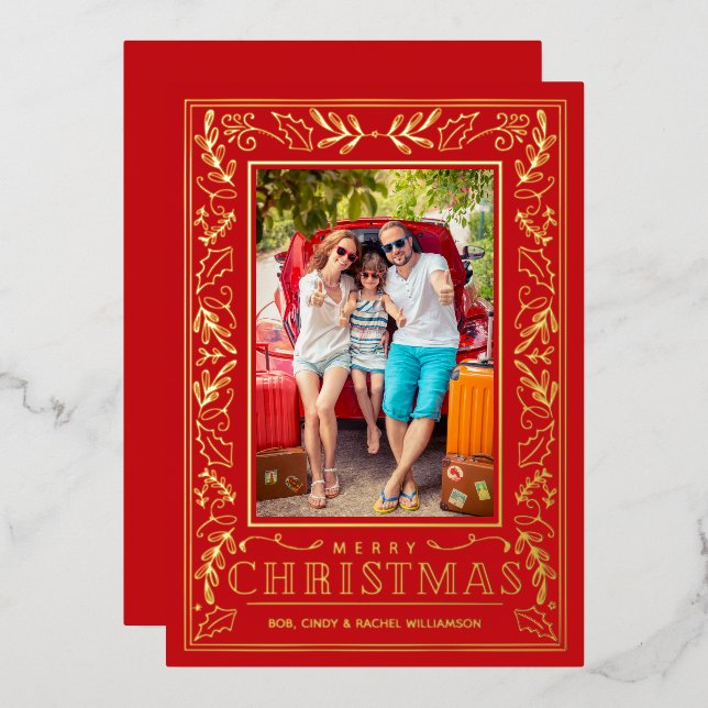 Stylish Greenery Christmas Photo Gold Foil Holiday Card (Front/Back)
