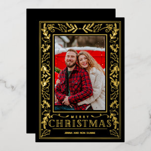 Stylish Greenery Christmas Photo Gold Foil Holiday Card