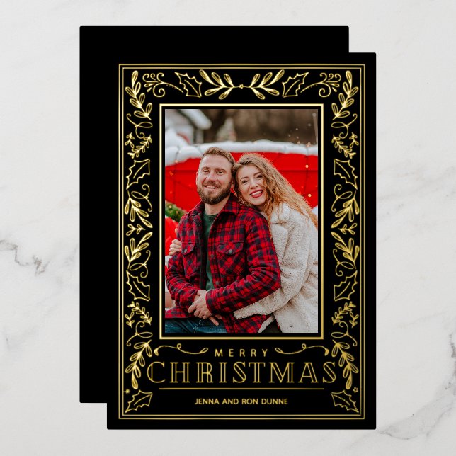 Stylish Greenery Christmas Photo Gold Foil Holiday Card (Front/Back)