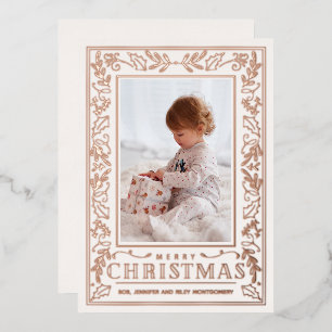 Stylish Greenery Christmas Photo Rose Gold Foil Holiday Card