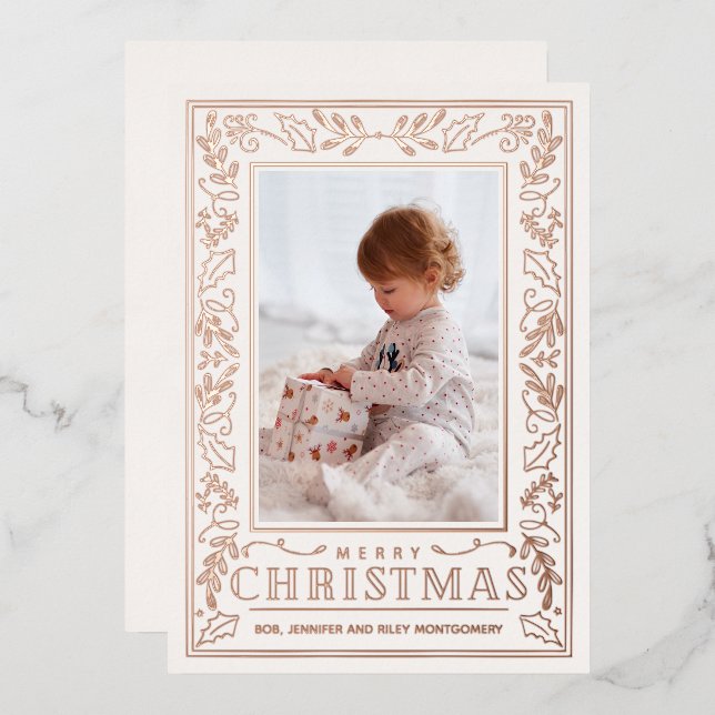Stylish Greenery Christmas Photo Rose Gold Foil Holiday Card (Front/Back)