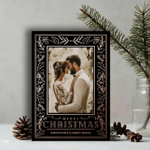 Stylish Greenery Christmas Photo Rose Gold Foil Holiday Card