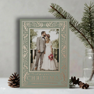Stylish Greenery Christmas Photo Rose Gold Foil Holiday Card