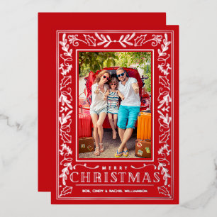 Stylish Greenery Christmas Photo Silver Foil Holiday Card