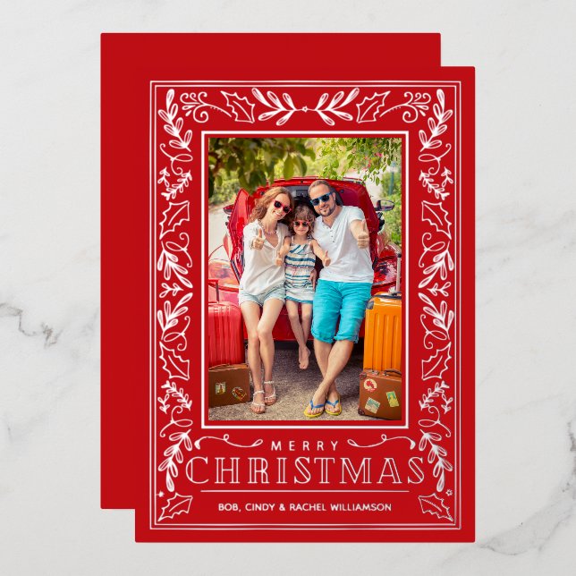 Stylish Greenery Christmas Photo Silver Foil Holiday Card (Front/Back)