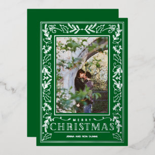 Stylish Greenery Christmas Photo Silver Foil Holiday Card