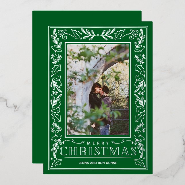 Stylish Greenery Christmas Photo Silver Foil Holiday Card (Front/Back)