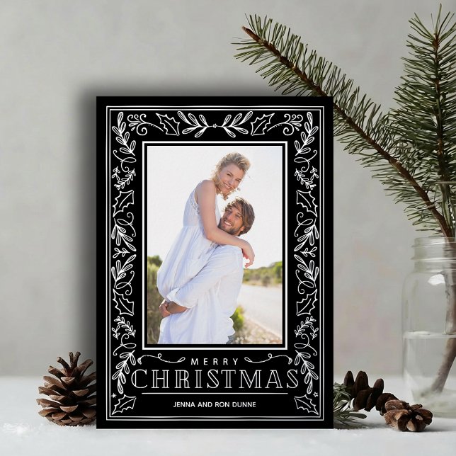 Stylish Greenery Christmas Photo Silver Foil Holiday Card (Stylish REAL SILVER FOIL winter foliage border photo   Christmas holiday cards)