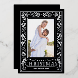 Stylish Greenery Christmas Photo Silver Foil Holiday Card