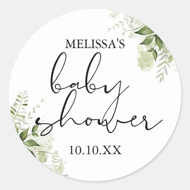 Stylish Greenery Floral Baby Shower Favour Classic Round Sticker (Front)