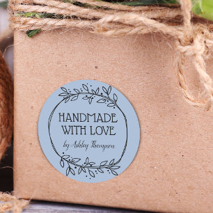 Stylish Greenery Handmade With Love Name Blue Classic Round Sticker
