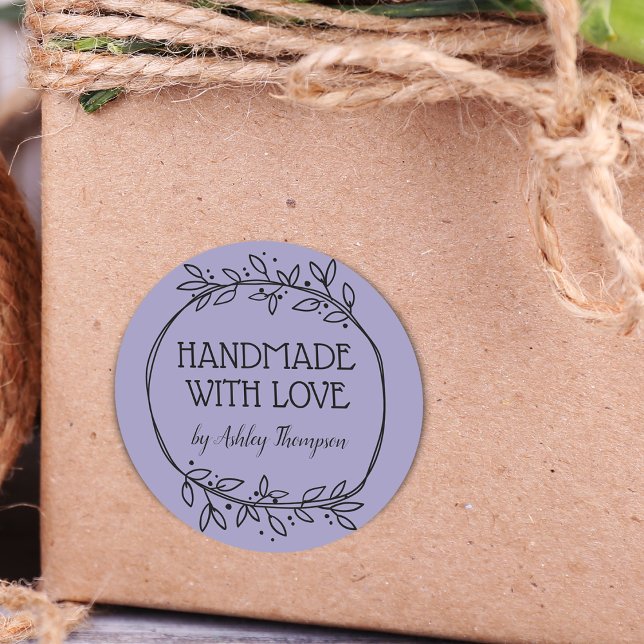 Stylish Greenery Handmade With Love Name Purple Classic Round Sticker (Stylish Greenery Handmade With Love Name Purple Classic Round Sticker)