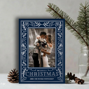 Stylish Greenery on Blue Christmas Photo Silver Foil Holiday Card