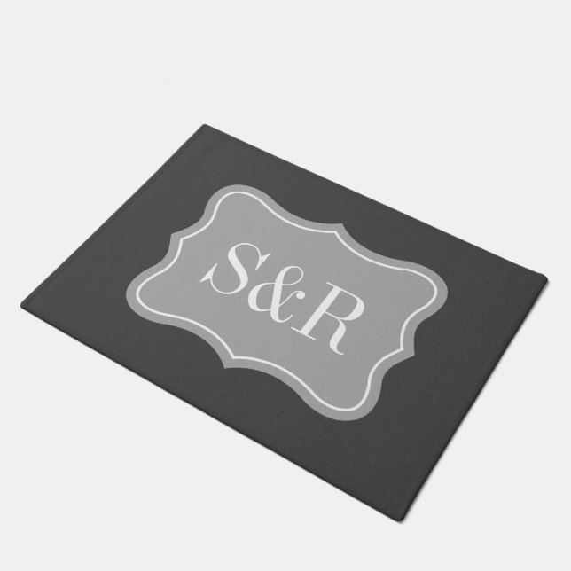 Stylish grey and white monogram welcome door mat (Angled)
