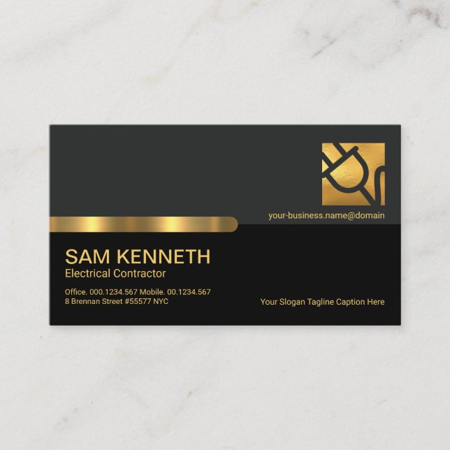 Stylish Grey Black Columns Gold Stripe Electrician Business Card (Front)