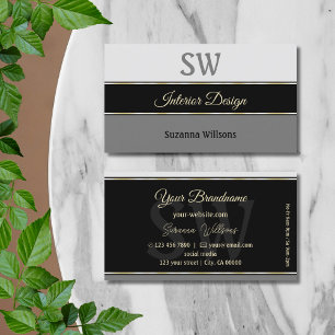 Stylish Grey Borders on Black Chic with Monogram Business Card