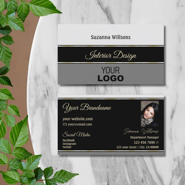 Stylish Grey Borders on Black with Logo and Photo Business Card (Creator Uploaded)