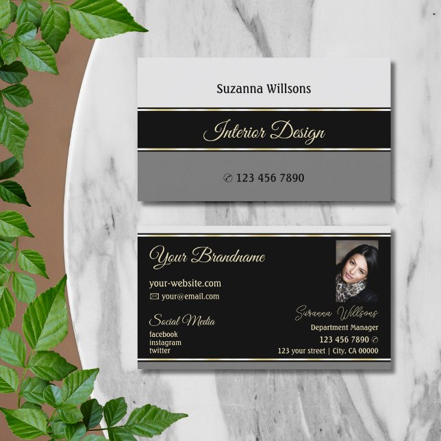 Stylish Grey Borders on Black with Photo Modern Business Card (Creator Uploaded)