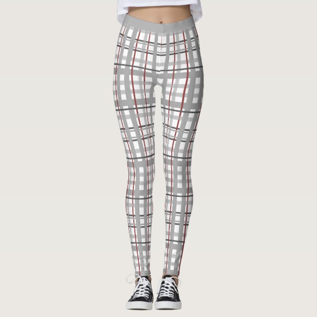 Stylish Grey Burgundy Scottish Tartan Plaid Yoga Leggings (Front)