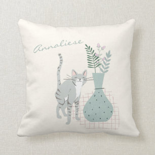 Stylish Grey Cat Teal Floral Illustration Custom Cushion