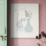 Stylish Grey Cat Teal Floral Illustration Custom Poster<br><div class="desc">This stylish wall art features a pretty illustration of a grey cat standing next to a teal green vase filled with florals and botanicals. Personalise it with your name in handwritten script typography. Great gift for cat lovers.</div>