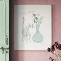 Stylish Grey Cat Teal Floral Illustration Custom