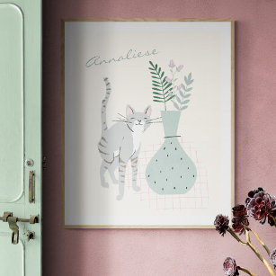 Stylish Grey Cat Teal Floral Illustration Custom Poster