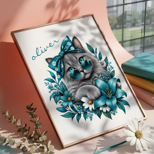 Stylish Grey Cat Teal Floral Illustration Custom Poster