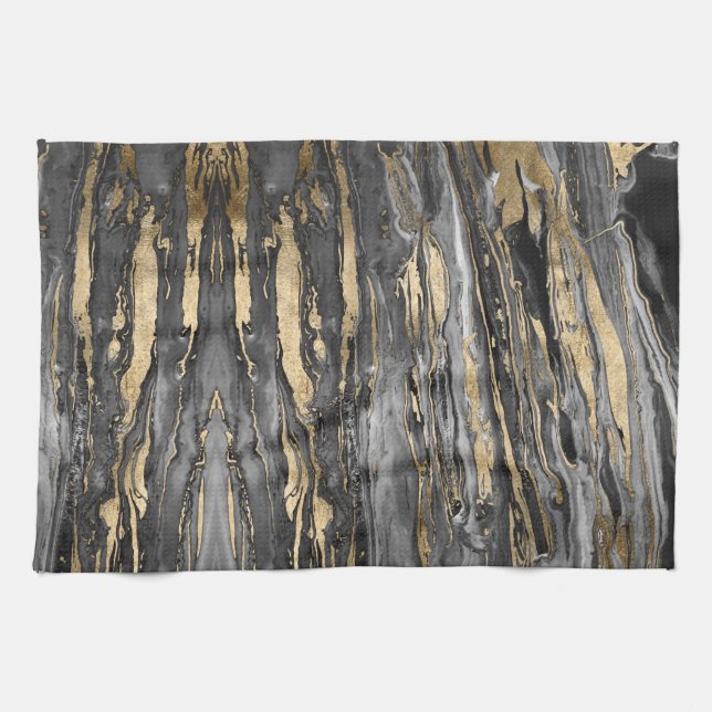 Stylish Grey Gold Abstract Marble Tea Towel (Horizontal)