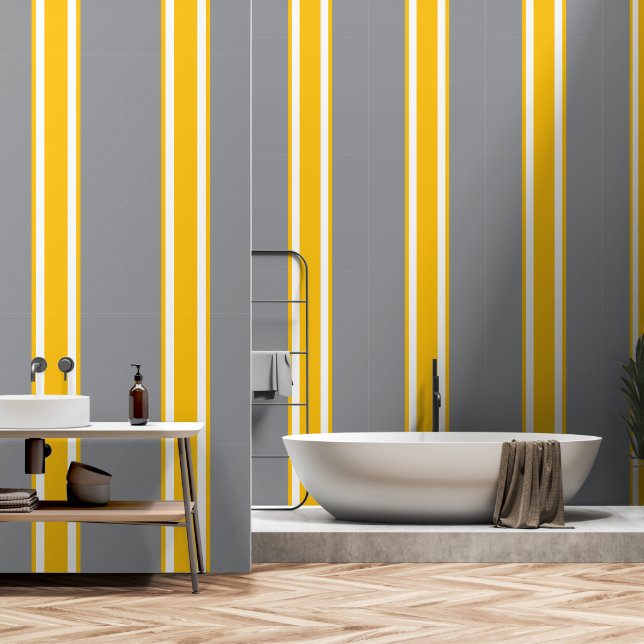Stylish Grey Golden Yellow White Racing Stripes Wallpaper (Bathroom)
