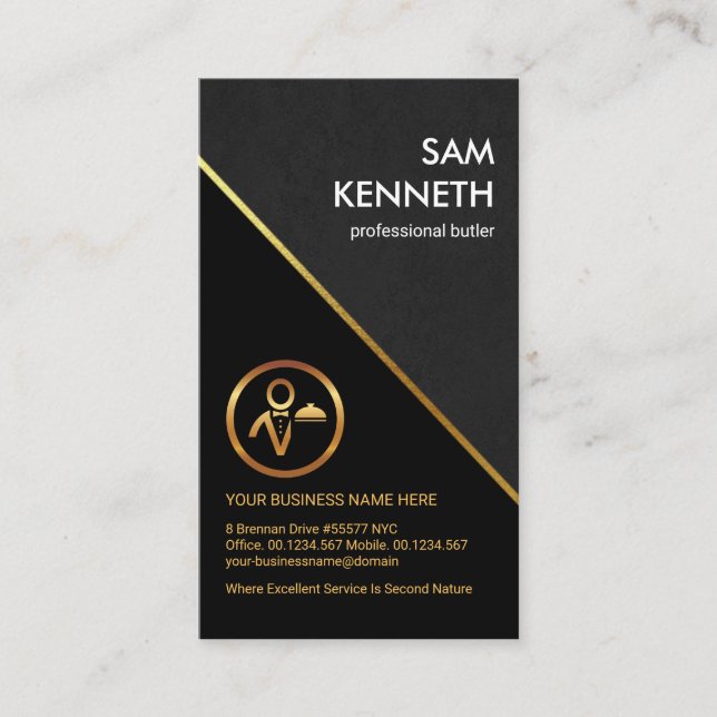 Stylish Grey Grunge Gold Line Professional Butler Business Card (Front)