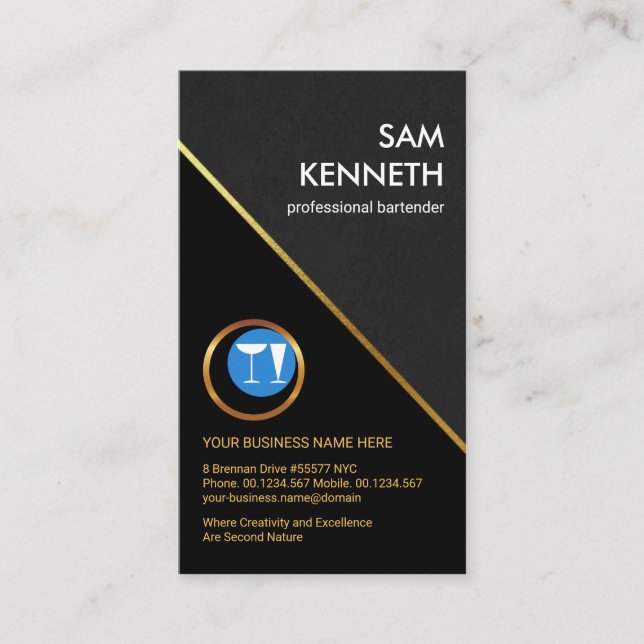 Stylish Grey Grunge Gold Line Pub Bartender Business Card (Front)