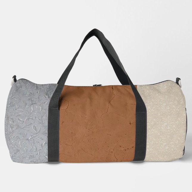 Stylish Grey, Ivory, and Brown Duffel Bag (Front)