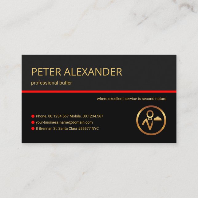 Stylish Grey Layers Red Line Waiter Butler Business Card (Front)