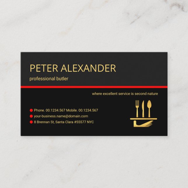 Stylish Grey Layers Red Line Waiter Butler Service Business Card (Front)